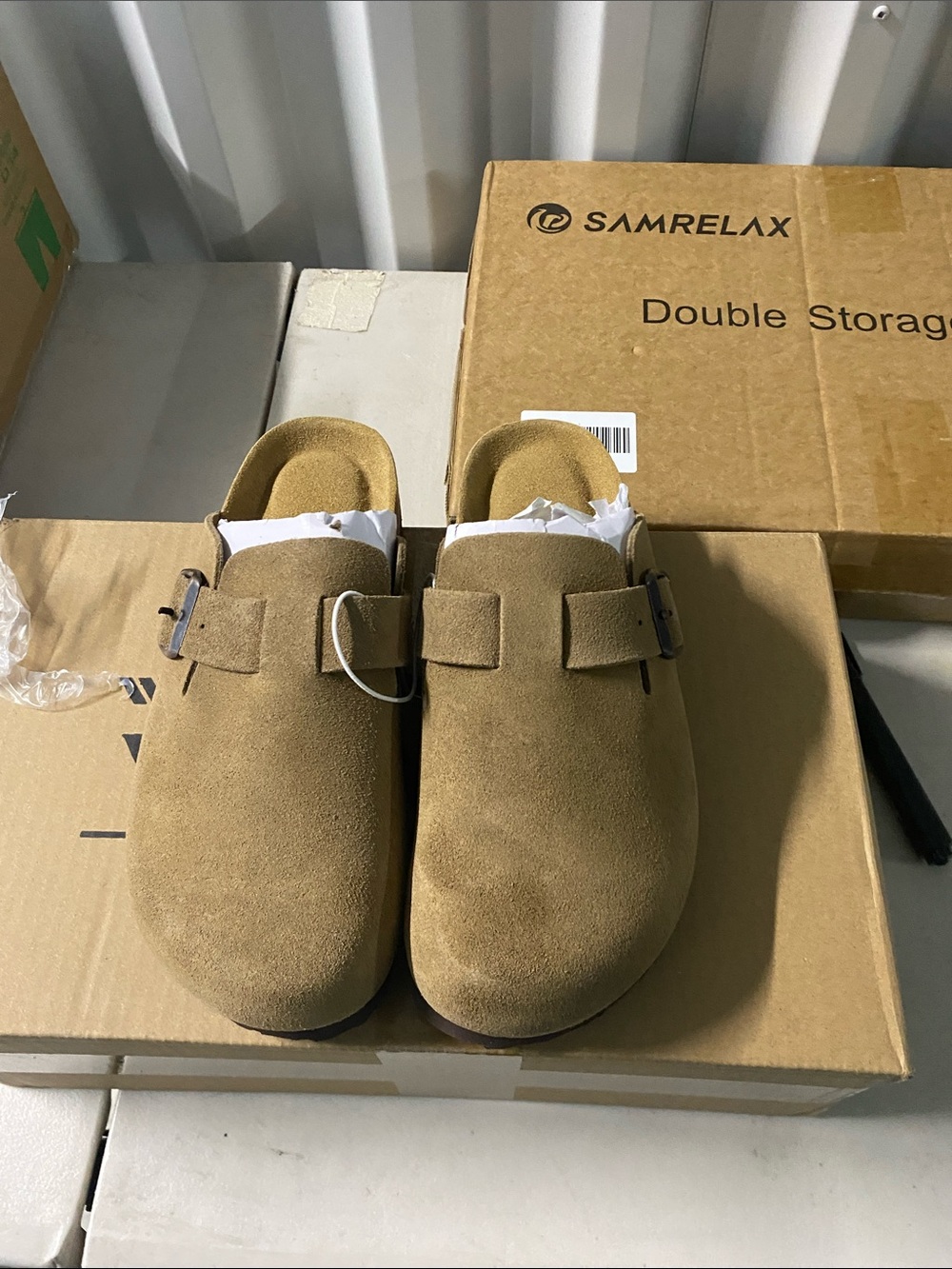 Women's Suede Slip-On Mule Clogs with Adjustable Buckle in Tan 6M